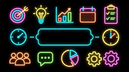 Management, Target, Performance, Marketing, Chart, Graph, and Analysis Neon Icons: Visualizing Business Strategy, Data Planning, and Team Communication for Digital Success