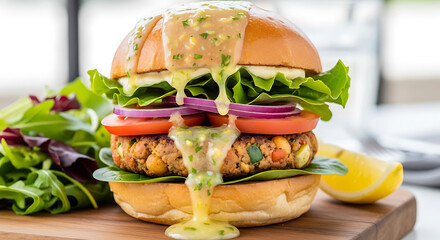 Delicious veggie burger with sauce and fresh ingredients