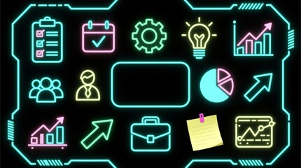 Management, Target, Performance, Marketing, Chart, Graph, and Analysis: Neon Business Icons for Digital Strategy, Planning, and Growth. Modern Infographic Elements for Data Visualization and Progress 
