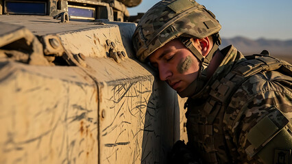 Soldier resting leaning against armored vehicle during military operation in desert environment