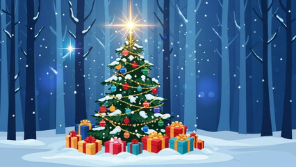 Obraz premium Decorated Christmas tree with gifts in snowy forest festive holiday illustration for winter season greeting cards and New Year celebration