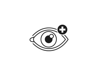 Minimal line icon of an eye with a plus symbol, representing zoom-in, vision enhancement, or &ldquo;add view&rdquo; feature in a UI