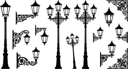 Vintage street lamp silhouettes collection, ornate classic lantern streetlight vector set, decorative retro outdoor lighting elements isolated white © MdAnisur