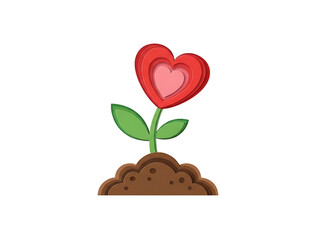 Cute heart-shaped flower sprouting from a soil mound, love growing, nurturing, and care