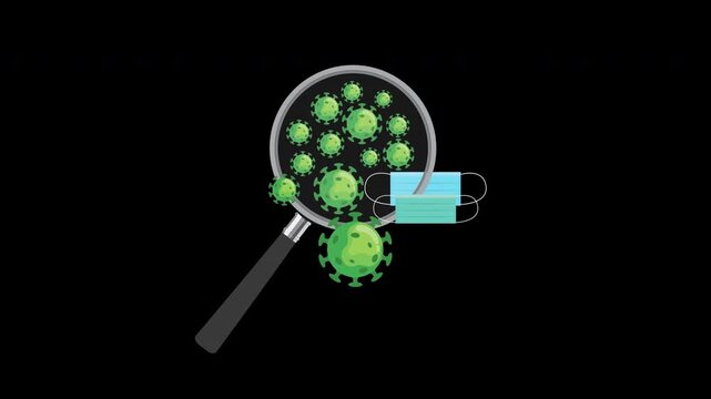 A magnifying glass with green bacteria and a medical mask concept animation with alpha channel