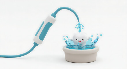 3D cute tooth character splashing in water while an oral irrigator sprays, dental hygiene and cleaning
