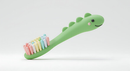 Cute 3D green dinosaur toothbrush with soft pastel bristles. Ideal concept for children&rsquo;s dental care, kids hygiene, or pediatric dental branding
