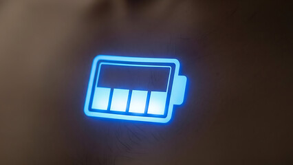 Battery Level Indicator Icon Glowing Blue Neon Light on a Dark Background