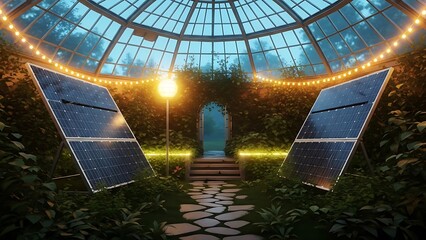 Sustainable energy illuminating a lush botanical greenhouse with elegant solar panels