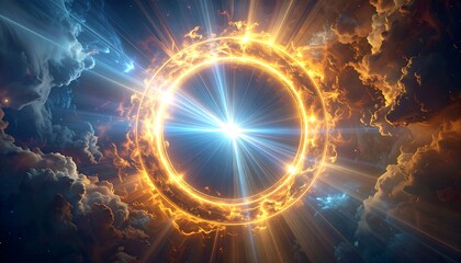 Obraz premium Glowing portal with radiant light bursts amidst swirling clouds