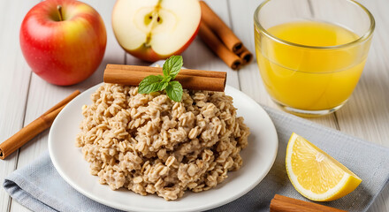 Healthy breakfast with oats and fresh fruits