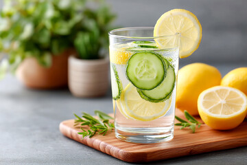 Fototapeta premium Refreshing cucumber lemon drink served in a glass on a wooden board Generative AI
