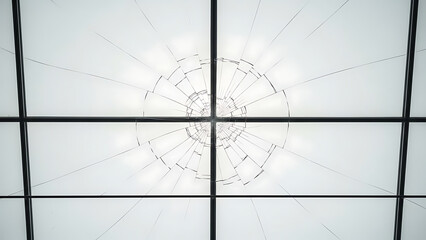 A circular pattern of light shines through a grid of frosted glass panels in an architectural ceiling with a central chandelier viewed from below.