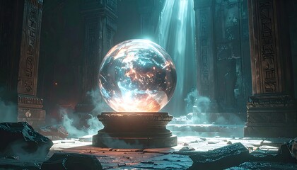 Illuminated celestial sphere in ancient, crumbling chamber, dramatic lighting