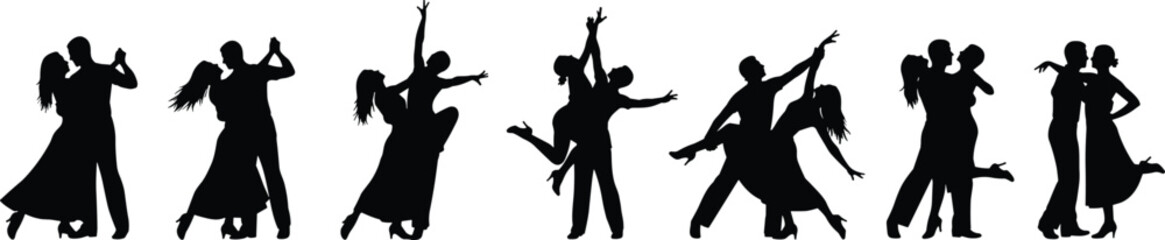 Ballroom dance silhouettes collection, elegant couples performing tango waltz romantic partner poses isolated on white background vector illustration art