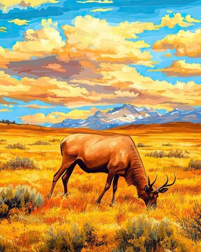 Patagonian Mara Grazing in Softly Glowing Savan Landscape Under Colorful Clouds