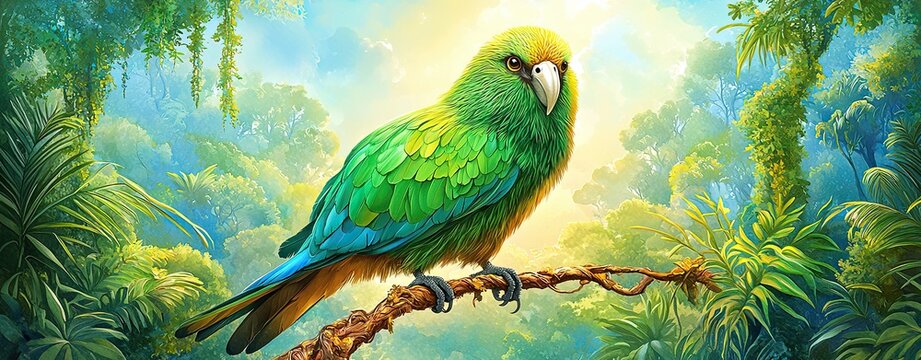 Colorful Kakapo Bird in Vibrant Digital Watercolor Style Surrounded by Lush Nature