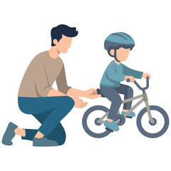 Father Assisting Son in Learning to Ride a Bike.