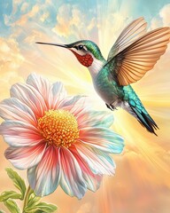 Obraz premium Graceful Hummingbird Hovering Near Radiant Flower Under Soft Sunrise Glow