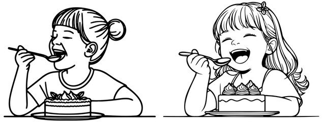 Child Eating Cake Line Drawing.