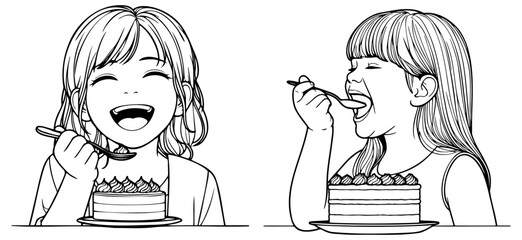 Child Eating Cake Line Drawing.