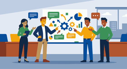 Obraz premium Flat vector illustration of an entrepreneur collaborating with team, simplified human figures, discussion around abstract ideas, solid colour palette, flat vector illustration