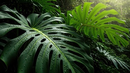 Lush green monstera leaves with morning dew in tropical jungle setting