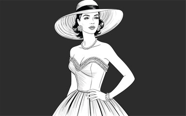 Retro Fashion Illustration Of Beautiful Lady In Classic Dress With Pearls And Hat