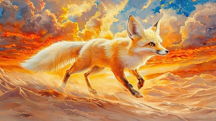 Fennec Fox Prowling in Glowing Desert Landscape Under Dramatic Skies at Sunset