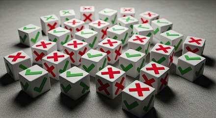 White cubes with green checkmarks and red crosses on gray surface