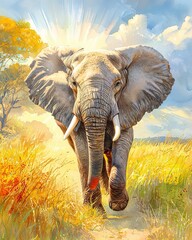 Majestic Elephant Walking Through a Sunlit Savanna with Vibrant Colors and Lush Greens