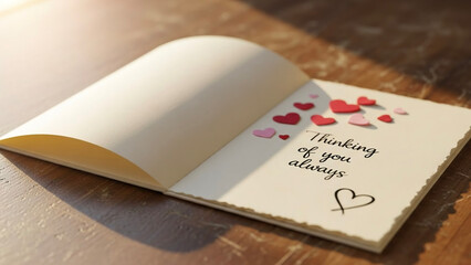 Fototapeta premium Greeting card with hearts and message on wooden table background 