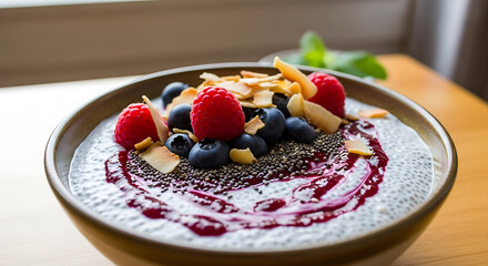 Vibrant berry chia pudding bowl