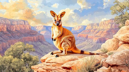 Brush Tailed Wallaby Standing on Rock in Scenic Desert Landscape with Glowing Sunset View