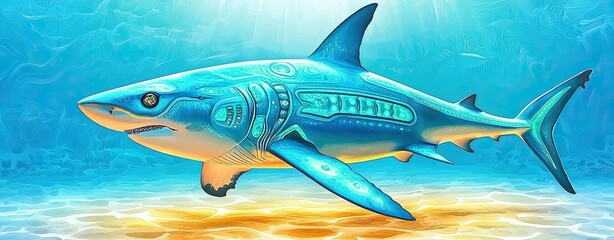 Illustrated Angel Shark in Digital Watercolor Style with Vibrant Colors and Underwater Background