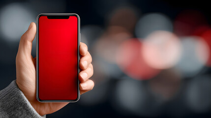 Hand holding smartphone with red screen on night bokeh background. Cybersecurity concept, hack warning, system error, mobile scam alert, emergency notification and data protection.