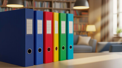 Colorful binders stand on a modern home office desk with a blurry background of a bookshelf, couch, and window, suggesting a neat and organized workspace