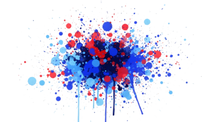 Red blue and white paint splatters on black isolated on a transparent background