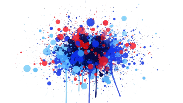 Red blue and white paint splatters on black isolated on a transparent background - Powered by Adobe