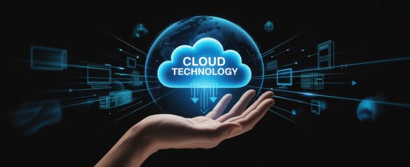 Cloud Technology in Hand: A person's hand gracefully cradles a luminous cloud, symbolizing the essence of cloud technology and interconnectedness, set against a dark, futuristic backdrop.