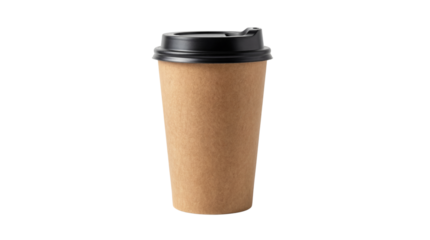 Minimalist Brown Kraft Paper Coffee Cup Product Shot with Black Lid isolated PNG with Transparent Background
