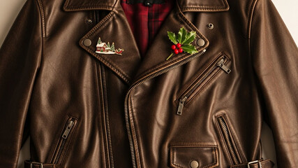 black leather jacket with a red ribbon 