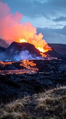 Fototapeta premium Glowing volcano at dusk, with rivers of molten rock and wisps of steam