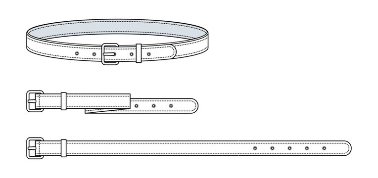 Classic Belt Technical Fashion Illustration. Adjustable Waist Belt with Buckle Closure. Front View and Strap Detail. Minimalist Accessory Design. Unisex Wear. Vector Template. CAD Mockup.