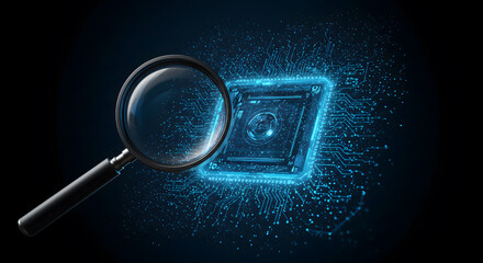 Magnifying Glass Examining Bitcoin Symbol on Dark Background.