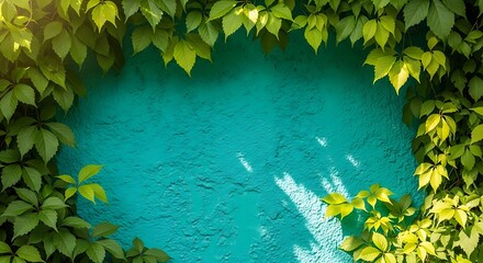 A vibrant composition featuring verdant leaves framing a textured teal wall. Sunlight casts shadows, creating visual interest