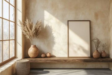 Light exhibition room interior with a shelf displaying decor items, accompanied by a mockup poster to showcase artworks or promotional material, Generative AI