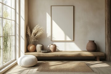 Light exhibition room interior with a shelf displaying decor items, accompanied by a mockup poster to showcase artworks or promotional material, Generative AI