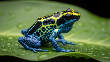 Fototapeta premium Vibrant poison dart frog on green leaf with water droplets