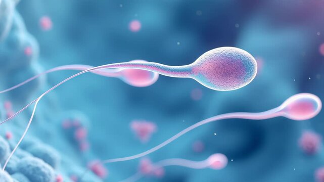 Microscopic Sperm Cells Concept ,Sperm cell microscopic blue pink biology science medical reproductive swimming closeup energetic healthy vibrant